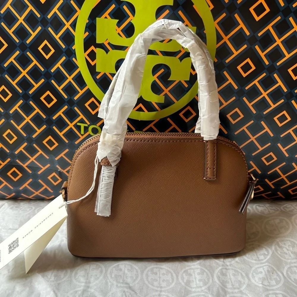 Tory Burch Emerson Dome Satchel Crossbody Bag Top Handle Moose Gold Tan